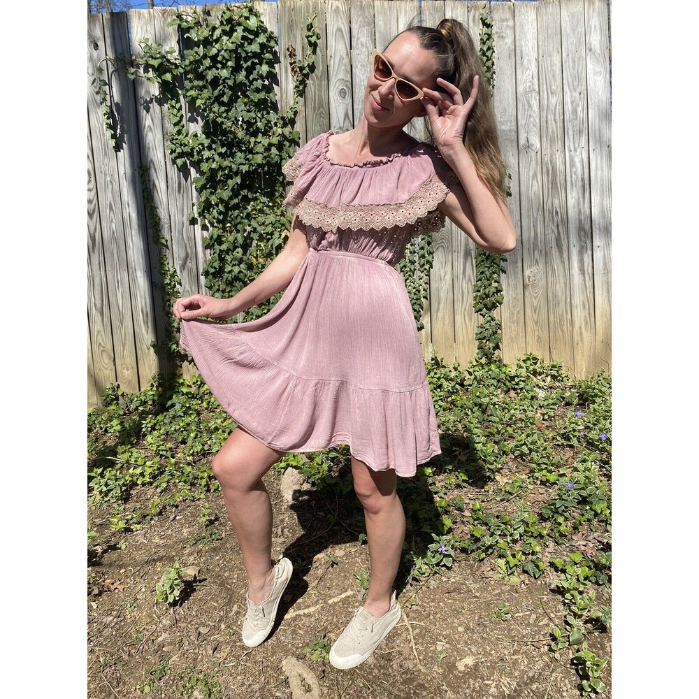 Romantic Pink Ruffled Dress Off Shoulder Lace S Flowy Crinkle Sundress Summer